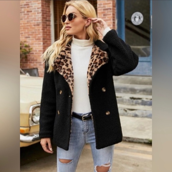 🥳HP 11/28/22🎉 Black Leopard Print Shearling Teddy Coat Sizes S/M/L/XL - Picture 3 of 6